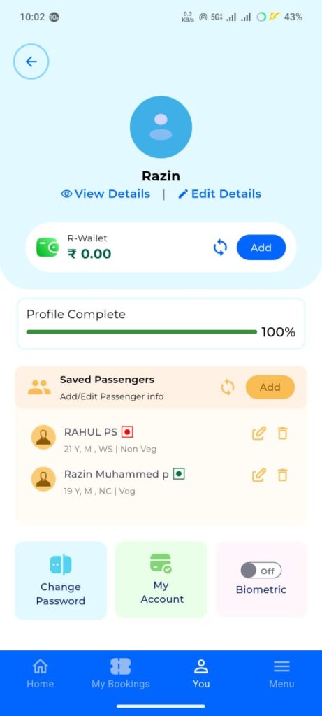 RailOne Wallet in the RailOne App